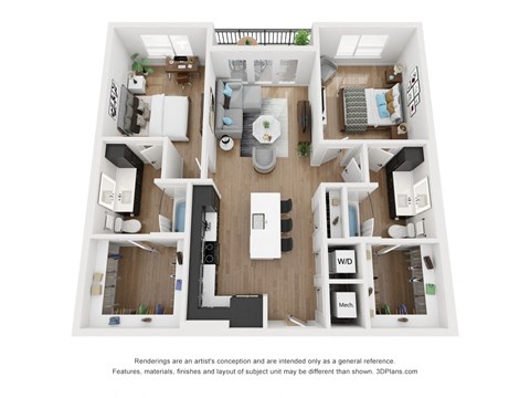 Floor plan for 2 beds, 2 baths, 1115 sqft